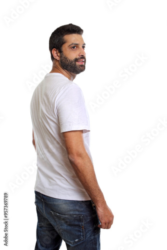 young brazilian model posing in casual clothes on neutral background