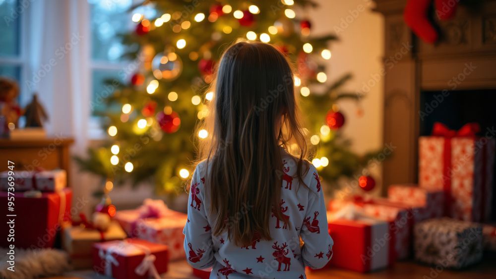 a girl looking at the tree decorated with christmas lights and gifts a girl looking at the tree decorated with christmas lights and gifts
