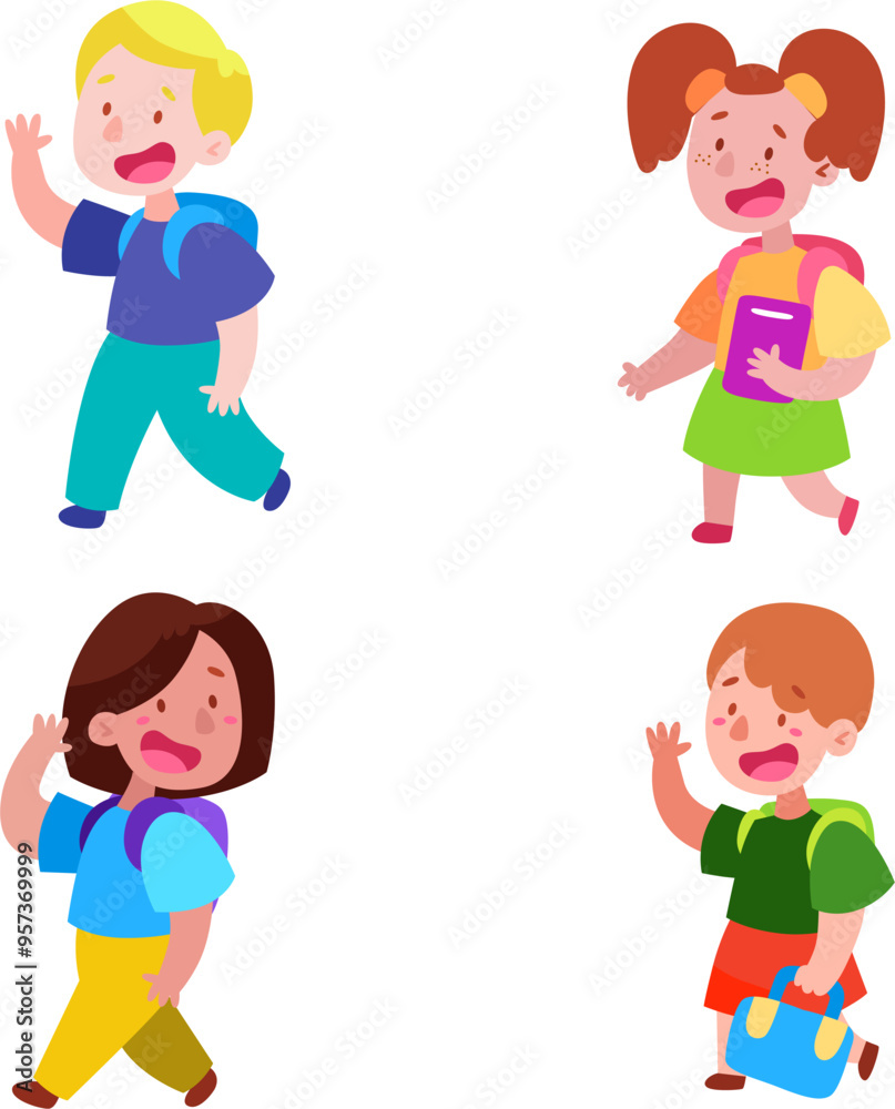 Primary school students communicate and smile as they go. Children with school backpacks greet and greet each other with gestures Boys and girls. Vector illustration Primary school students communicate and smile as they go. Children with school backpacks greet and greet each other with gestures Boys and girls. Vector illustration