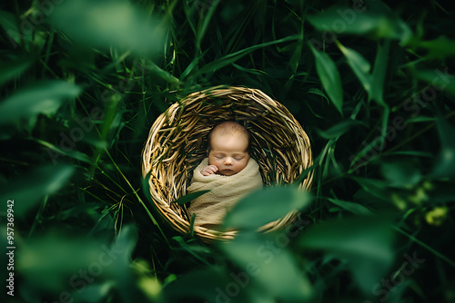 A tarred basket floats near the riverbank, nestled in tall grass photo