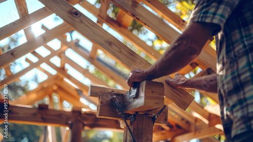 Male Landscape Worker Assembling Wooden Gazebo Frame Outdoors. Concept of Construction, Outdoor Working, Carpentry