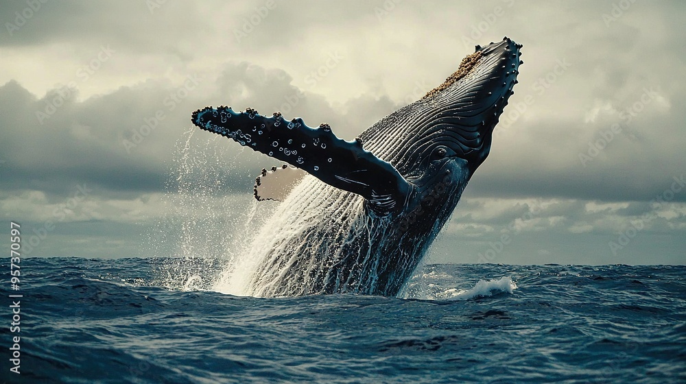 Fotobehang met A humpback whale jumping out of the water with its mouth open wide #957370597