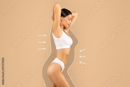 Weight loss concept. Lady in underwear with drawn silhouette around her body, woman with sporty figure enjoying slimming result, side view photo