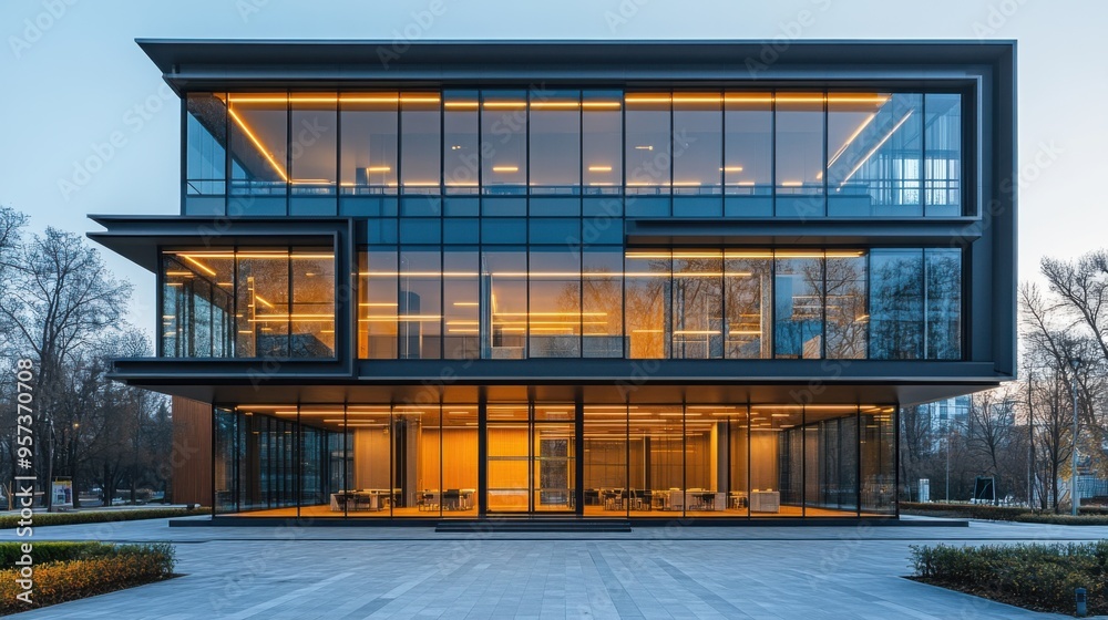 Modern office building with large glass windows Modern office building with large glass windows
