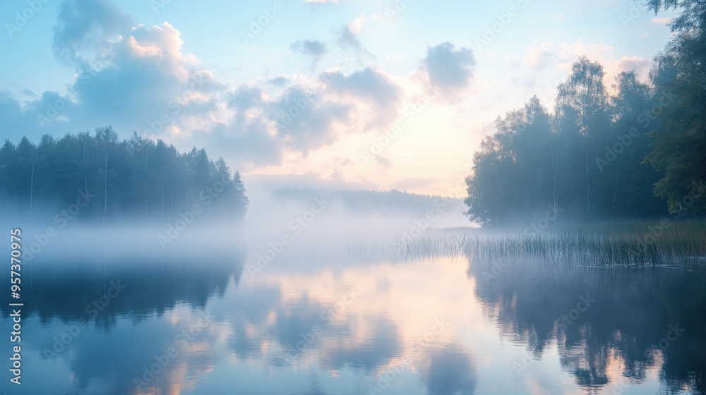 Fototapeta premium Morning mist over a calm lake