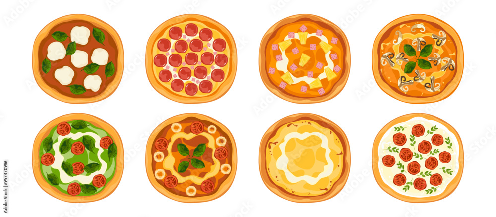 A set of delicious fast food illustrations of Italian food: homemade pizza on a tray, top view, various faces, cooking, food menu, isolated on a white background for poster design and advertising.
A set of delicious fast food illustrations of Italian food: homemade pizza on a tray, top view, various faces, cooking, food menu, isolated on a white background for poster design and advertising.