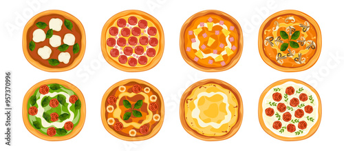 A set of delicious fast food illustrations of Italian food: homemade pizza on a tray, top view, various faces, cooking, food menu, isolated on a white background for poster design and advertising.
