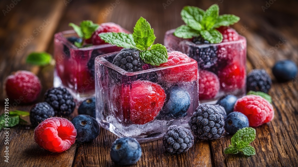 Fresh berries frozen in ice cubes. Perfect for showcasing refreshing summer drinks and desserts. Fresh berries frozen in ice cubes. Perfect for showcasing refreshing summer drinks and desserts.
