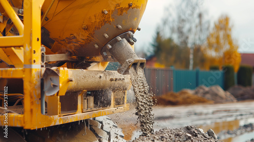 Concrete Mixer Pouring Fresh Wet Concrete on Construction Site at Sunset. Concept of urban development, industrial machinery, construction industry photo