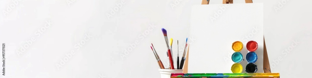 Studio image of an art easel equipped with washable paints and brushes positioned on a blank poster board canvas against a white backdrop. Studio image of an art easel equipped with washable paints and brushes positioned on a blank poster board canvas against a white backdrop.