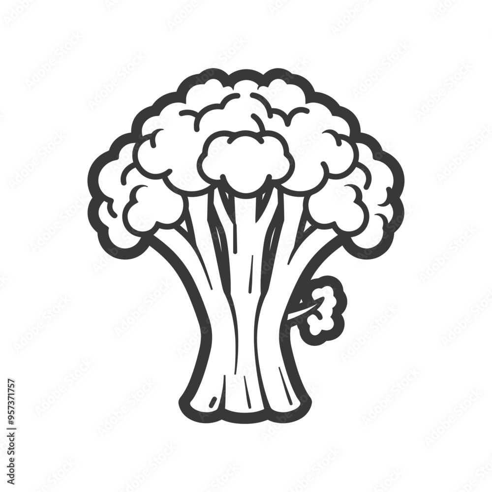 Black and White Line Drawing of a Single Broccoli Floret Black and White Line Drawing of a Single Broccoli Floret