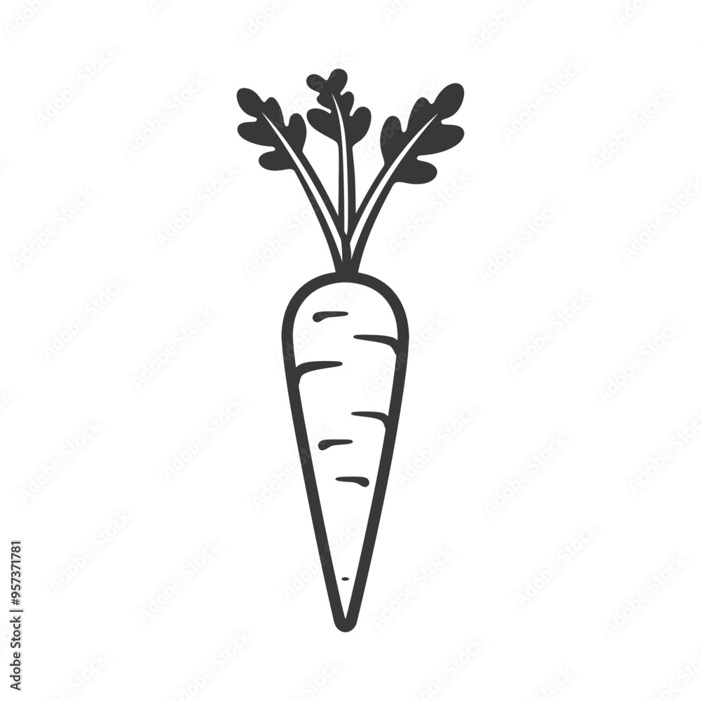 Black and white line drawing of a single carrot Black and white line drawing of a single carrot