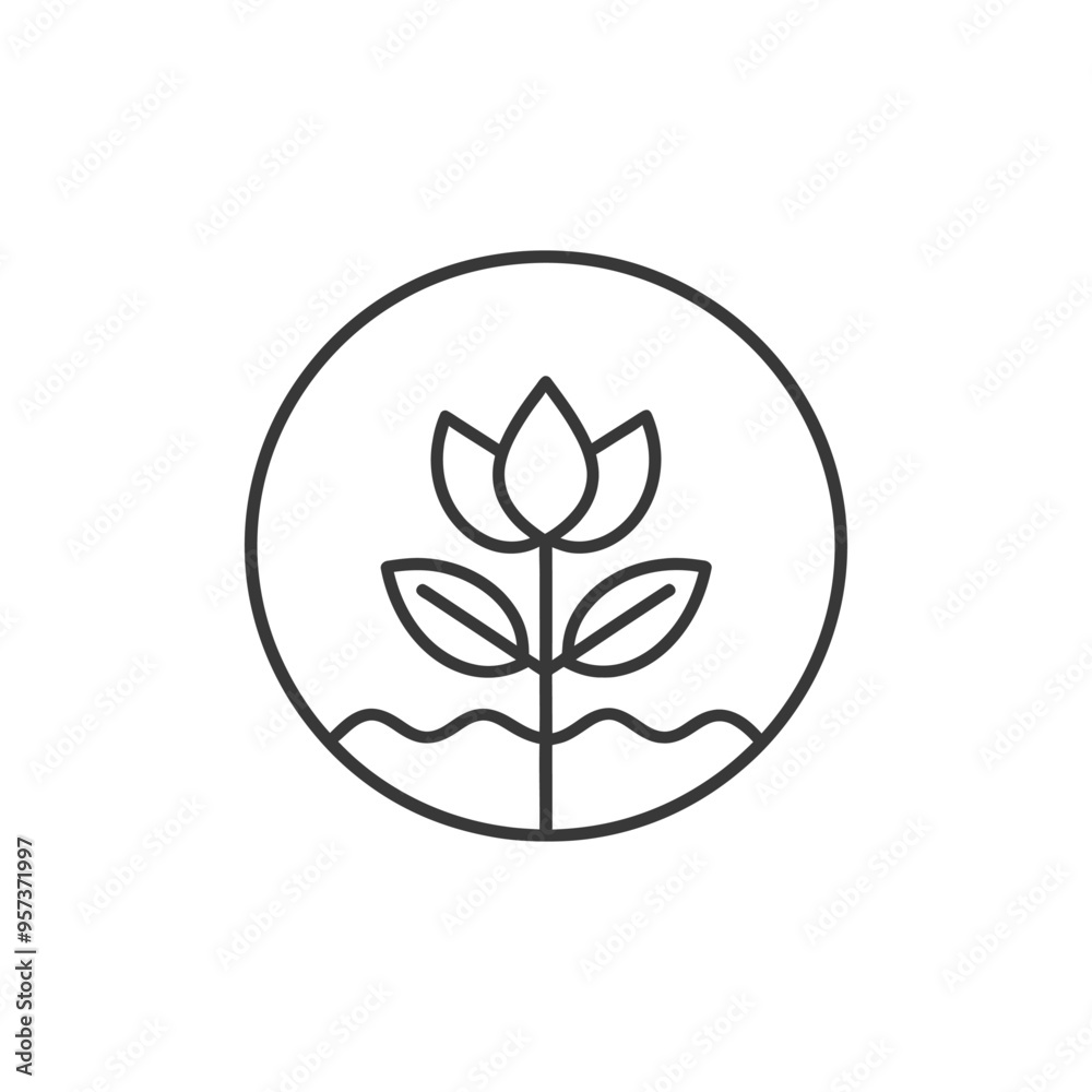 Fototapeta premium A stylized line drawing of a flower growing in soil within a circle