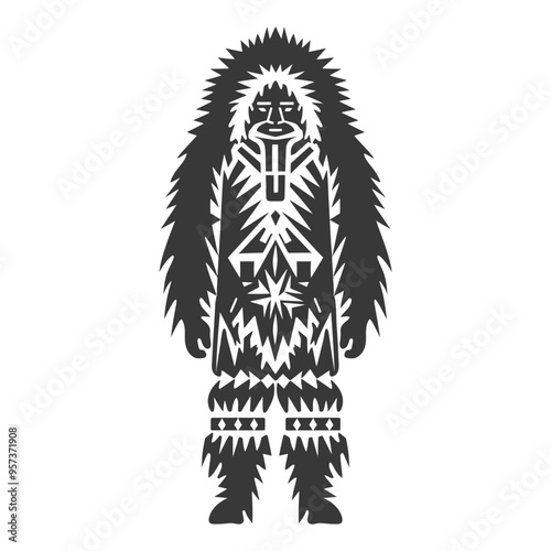 A stylized illustration of an Inuit person wearing traditional clothing