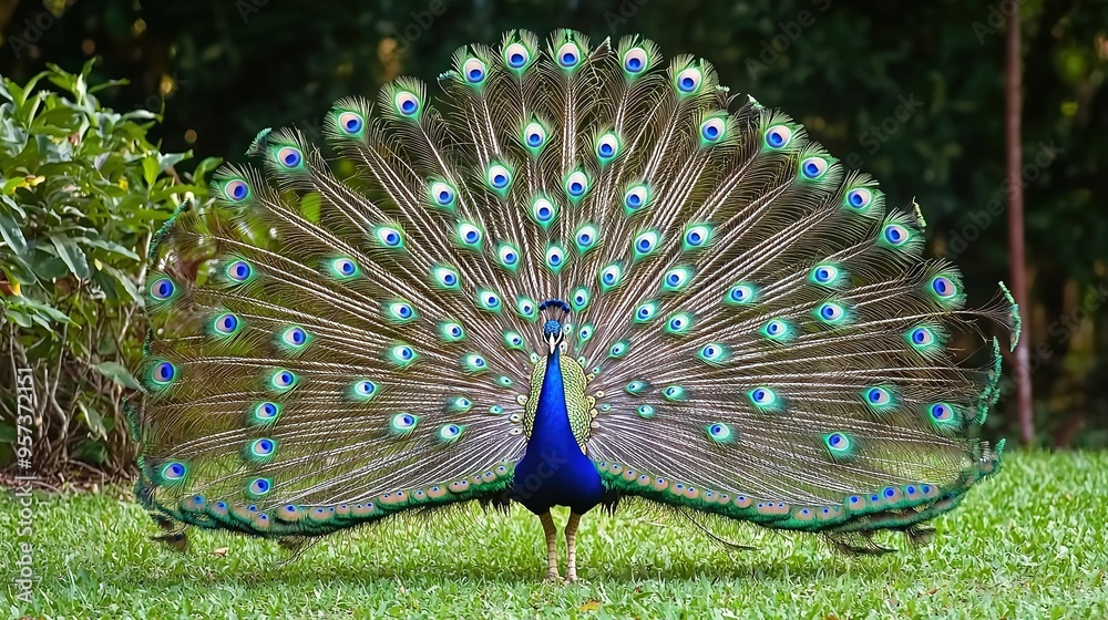 Obraz premium A peacock with its feathers spread out in a grassy area against trees in the background