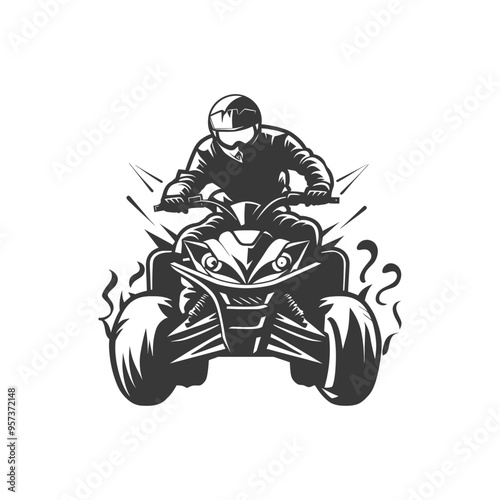 ATV Rider in Helmet and Goggles on Quad Bike