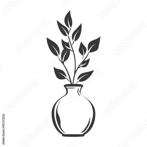 A vase with leafy branches and a round body