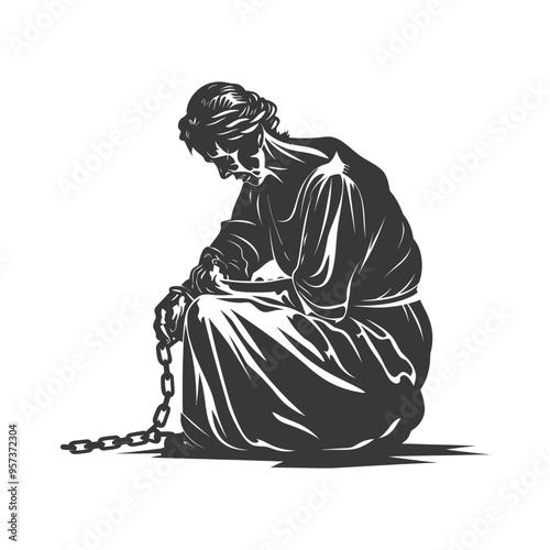 A woman in chains sitting on the floor head down in despair