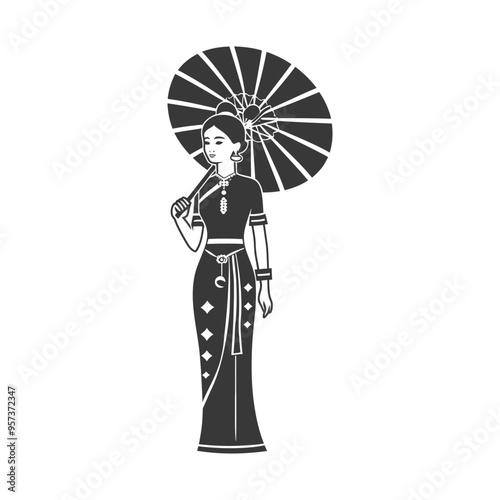 A Woman in Traditional Burmese Clothing Holding an Umbrella photo