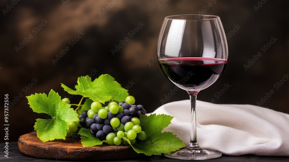 A glass of rich red wine rests beside clusters of green and blue grapes on a smooth white cloth, beautifully arranged on a dark wooden board A glass of rich red wine rests beside clusters of green and blue grapes on a smooth white cloth, beautifully arranged on a dark wooden board