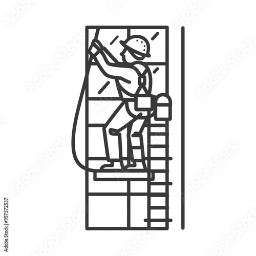 A Worker Secured by a Harness and Rope Climbing a Ladder