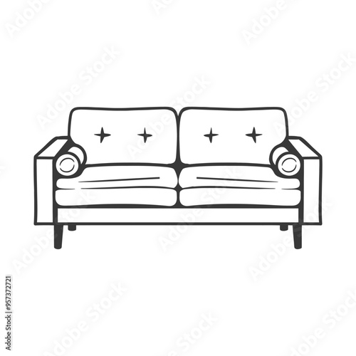 Black and White Line Drawing of a Modern Sofa