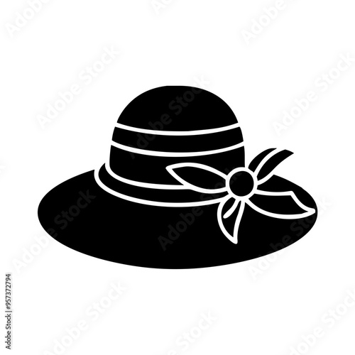 Wide-brimmed hat icon in black and white style on a light background for fashion and summer concept