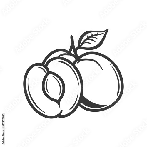 Black and White Line Drawing of a Peach with a Leaf