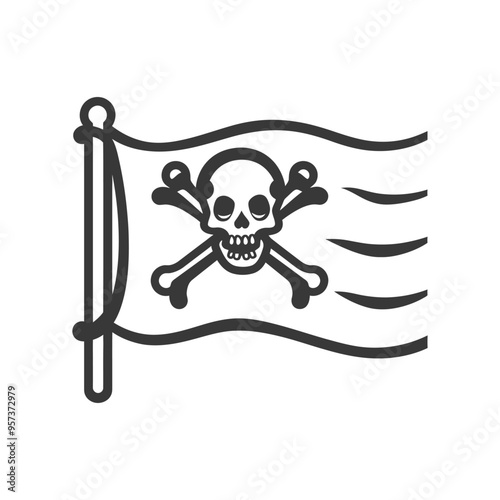 Black and White Line Drawing of a Pirate Flag with a Skull and Crossbones