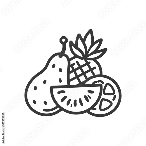 Black and white line drawing of a pear pineapple kiwi and orange slices