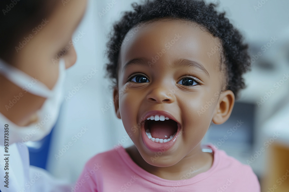 Naklejka premium Kid with open mouth at doctor check up