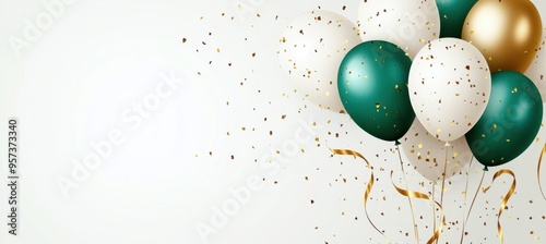 Green and white balloons with golden ribbons on a light background  Birthday party decoration, celebration, or holiday banner design template Generative AI photo