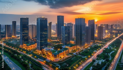 Modern City Skyline at Sunset with Illuminated Buildings