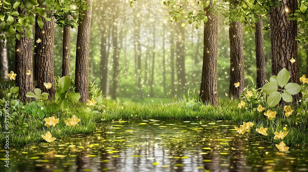 Pond surrounded by lush trees and vibrant water lilies Pond surrounded by lush trees and vibrant water lilies
