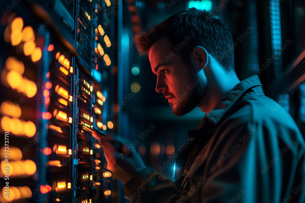 Man checking computer server room Man checking computer server room