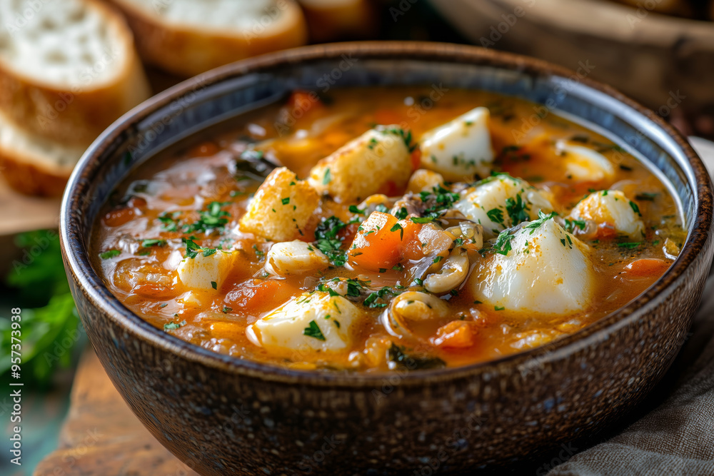 A warm bowl of Bouillabaisse soup with fresh seafood and herbs, served alongside crusty bread in a charming kitchen setting A warm bowl of Bouillabaisse soup with fresh seafood and herbs, served alongside crusty bread in a charming kitchen setting