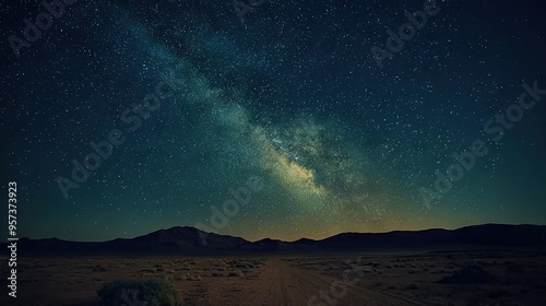  The Milky Way glimmers vividly against the black velvet sky above a barren dirt road, set amidst towering mountain landscapes