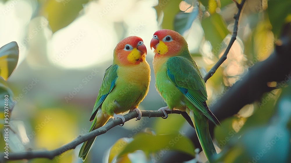 Fototapeta premium Two birds perched together on a tree branch in front of a fuzzy leafy background
