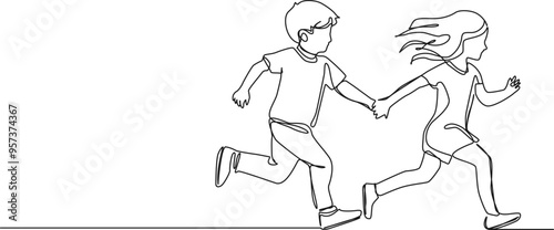 continuous single line drawing of boy and girl running hand in hand, line art vector illustration