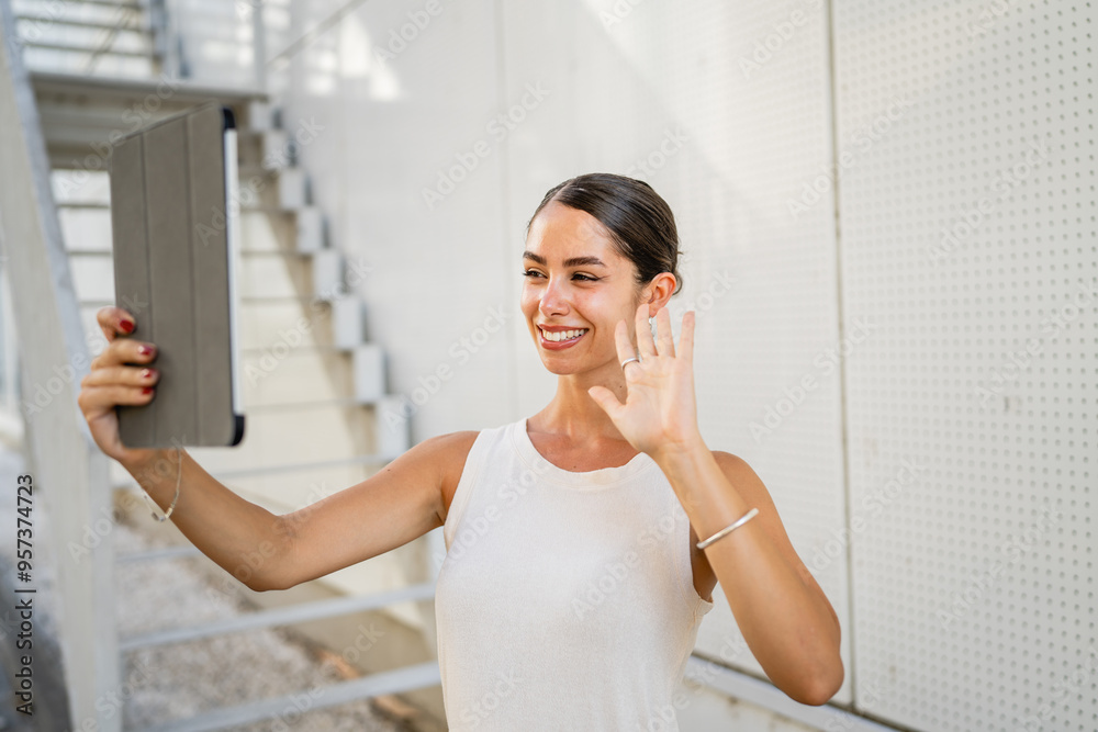 Young woman stand in front building and have video call on tablet Young woman stand in front building and have video call on tablet