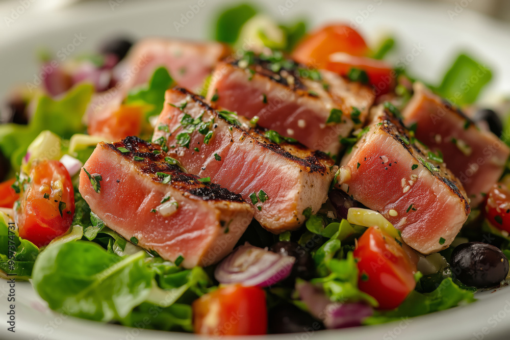 A vibrant Nicoise salad topped with perfectly seared tuna, showcasing fresh ingredients in a sunlit dining setting A vibrant Nicoise salad topped with perfectly seared tuna, showcasing fresh ingredients in a sunlit dining setting
