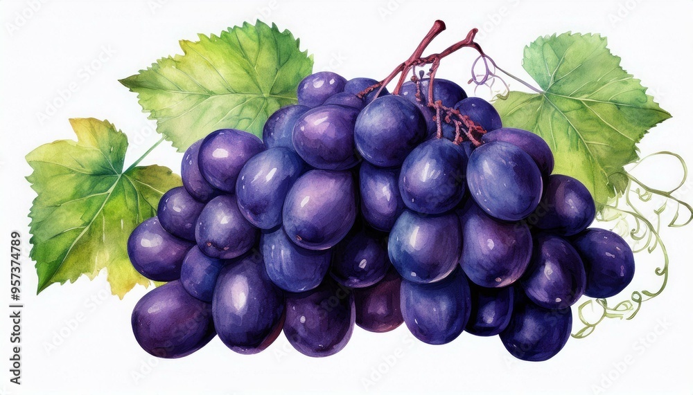 Fototapeta premium Black grape bunch watercolor image. Realistic ripe organic purple grape heap. Delicious dark violet sweet juicy fruit illustration. Black grape berries group with green leaves. Tasty ripe fruit.
