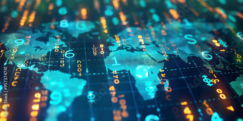 Futuristic chart overlay on world map, binary code, abstract IT and finance background 