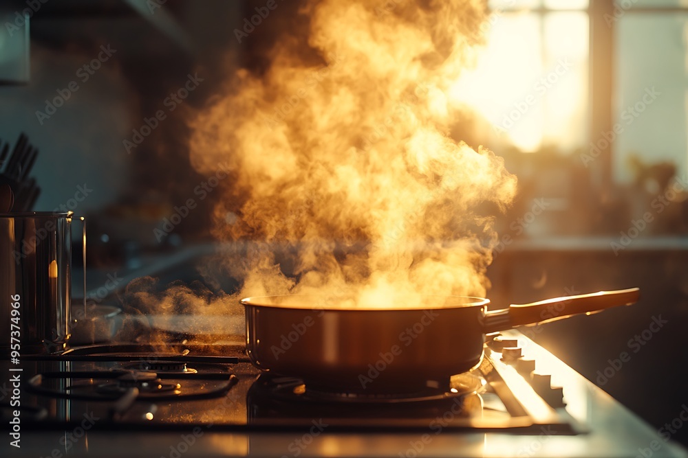 Saucepan releasing hot steam cooking food on stovetop at sunset Saucepan releasing hot steam cooking food on stovetop at sunset