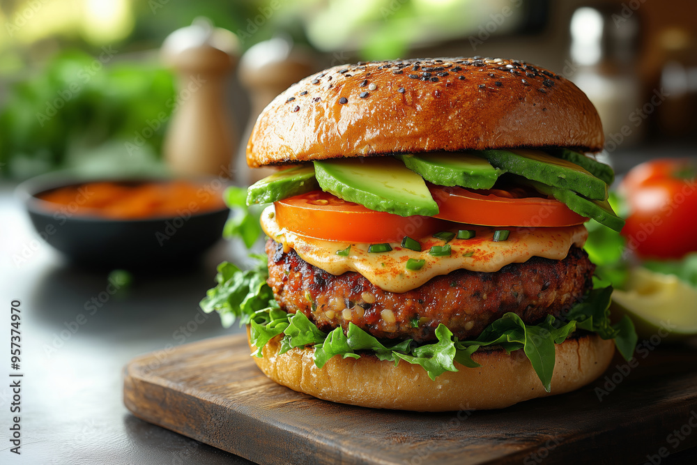Savor the flavors of a gourmet plant-based burger with fresh toppings on a rustic wooden table Savor the flavors of a gourmet plant-based burger with fresh toppings on a rustic wooden table