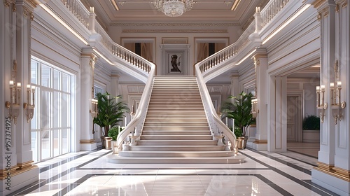 Crown molding in a stylish entryway with a grand staircase and detailed trim