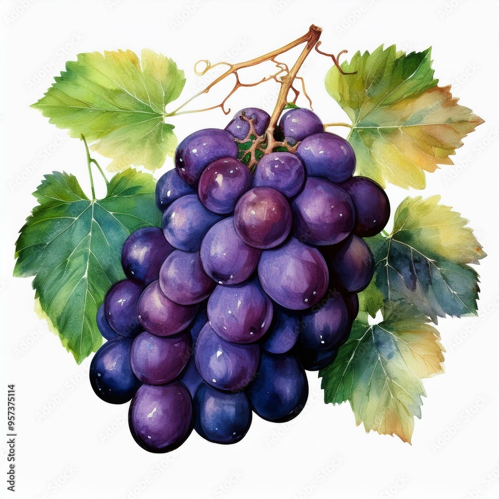 Fototapeta premium Black grape bunch watercolor image. Realistic ripe organic purple grape heap. Delicious dark violet sweet juicy fruit illustration. Black grape berries group with green leaves. Tasty ripe fruit.