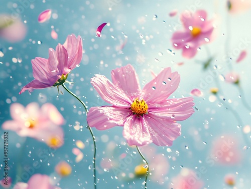 A close up of a field of pink flowers with a blue sky in the background