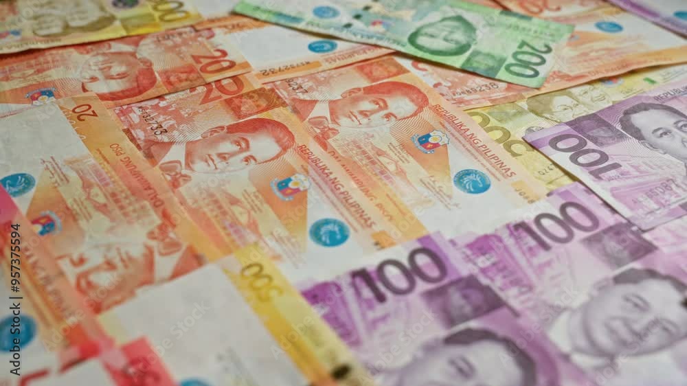 Philippine pesos banknotes scattered in a vibrant layout showcasing various denominations including 20, 50, 100, 200, and 500 pesos. Philippine pesos banknotes scattered in a vibrant layout showcasing various denominations including 20, 50, 100, 200, and 500 pesos.