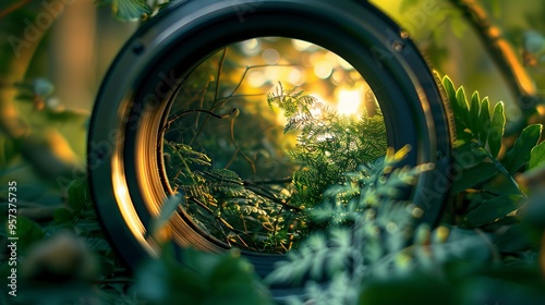 A photograph of shot showing a camera lens up close, wide angle lens, stories and growth reflected in the lens, green generative ai